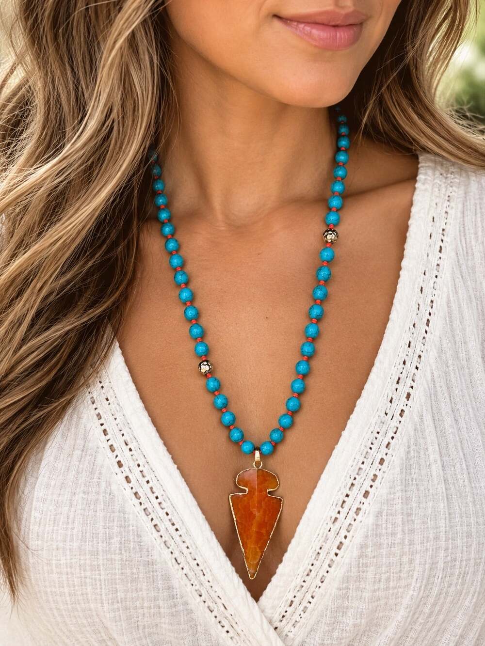 Turquoise Beads Arrow Pendant Necklace Long Boho Tribal Ethnic Fashion Jewelry
